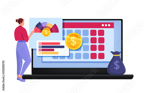 Personal budget planning or online tax report vector cartoon illustration with woman, laptop, graphs. Finance audit or business analysis concept with bag, coin isolated on white.Family budget planning