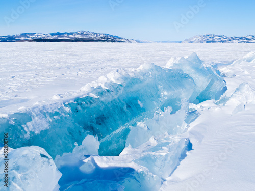 Icy pressure ridge in Lake Laberge Yukon T Canada