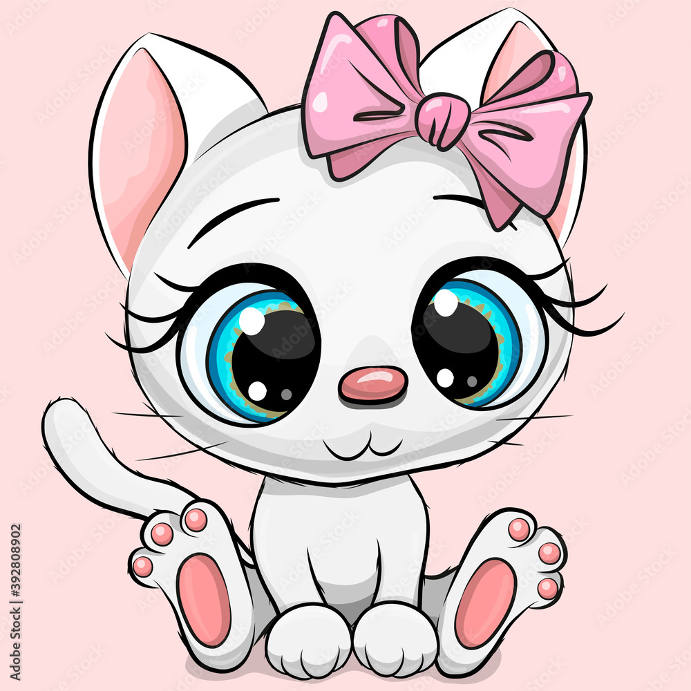 Cartoon white kitten on a pink background