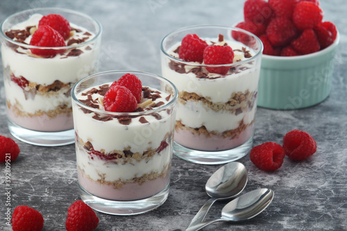 Granola with yogurt trifles with raspberry