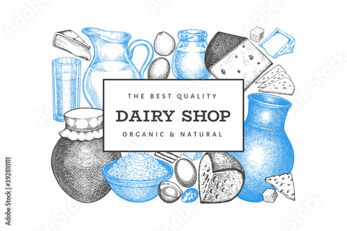 Farm food design template. Hand drawn vector dairy illustration. Engraved style different milk products and eggs banner. Vintage food background.