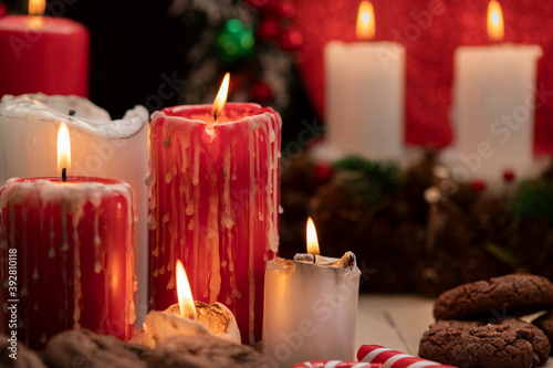 Romantic festive still life. Advent decoration with burning candle. Christmas background. 