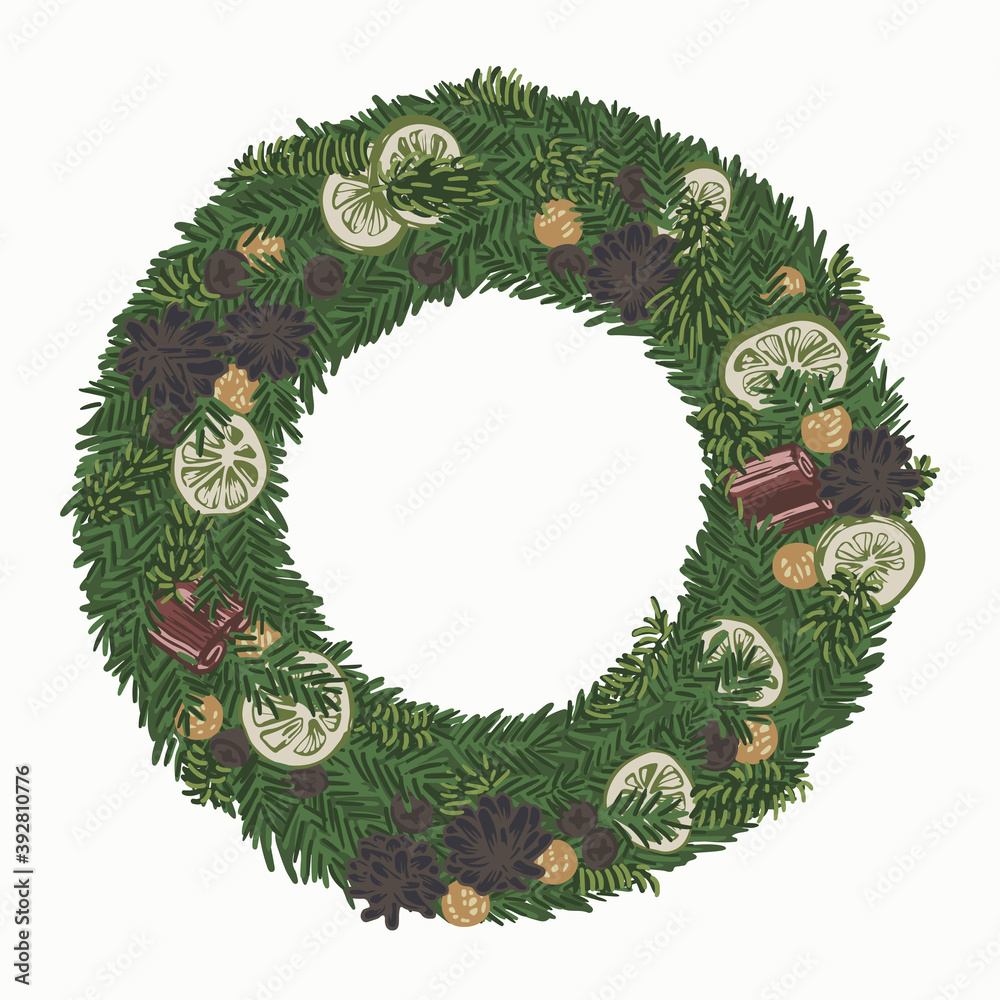 Vector illustration with Christmas wreath. Natural decor with cinnamon, pine cones and dried lime on spruce branches.