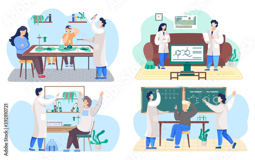 Set of illustrations about education and studying chemistry at school. Teachers explain formulas on the blackboard to a student. Research in the classroom. Scientists collaborate during research