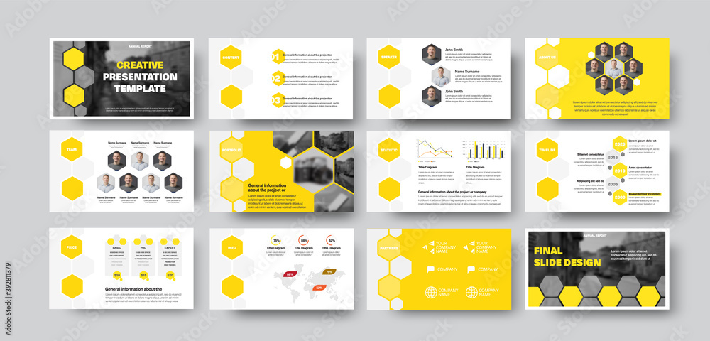 Vector infographic template with hexagons, photos, presentation slide with yellow design.