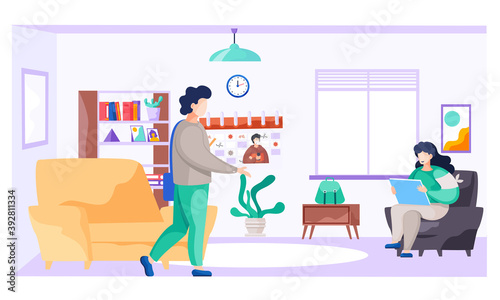 Young family at home in the room, man with a bag goes to the store, the woman is sitting with laptop. Flat vector illustration usual life scene, character indoors goes to the store to shop