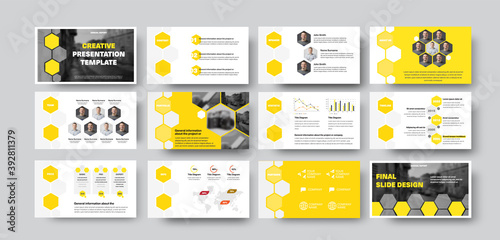 Vector infographic template with hexagons, photos, presentation slide with yellow design.