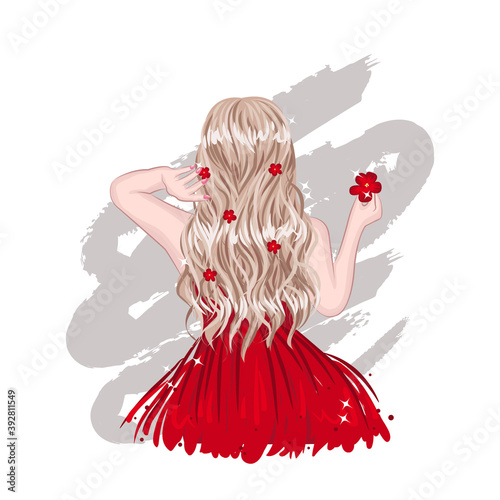 Cute stylish blonde hair girl back side. Glamour lady fashion in red. Flat vector clip art isolated on white background.