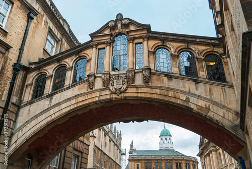 View of the Hertford Bridge, also called the Bridge of Sighs, in the university district of the English city of Oxford. © csbphoto