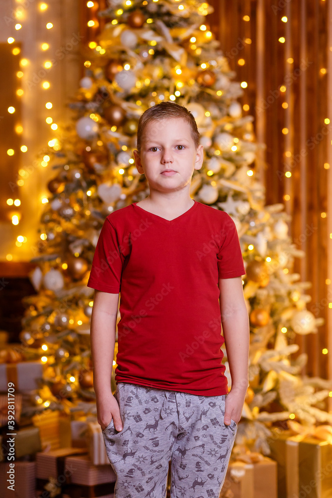 An eight-year-old European boy in a burgundy T-shirt stands in the background of a Christmas tree and looks into the camera.