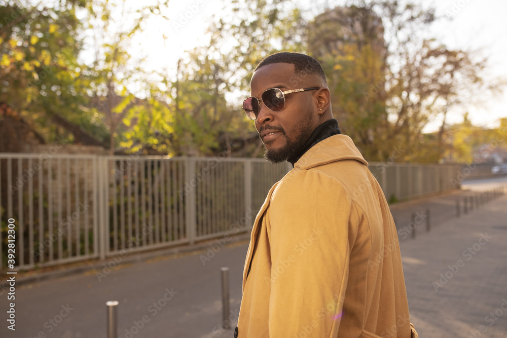 Fashionable African American man wearing sunglasses in city Fashionable African American man wearing sunglasses in city
