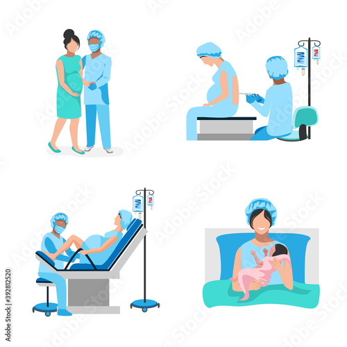 A pregnant woman gives birth to a baby in the hospital. Epidural anesthesia. Thanks to the doctors and nurses. Set Vector illustration isolated on white background.