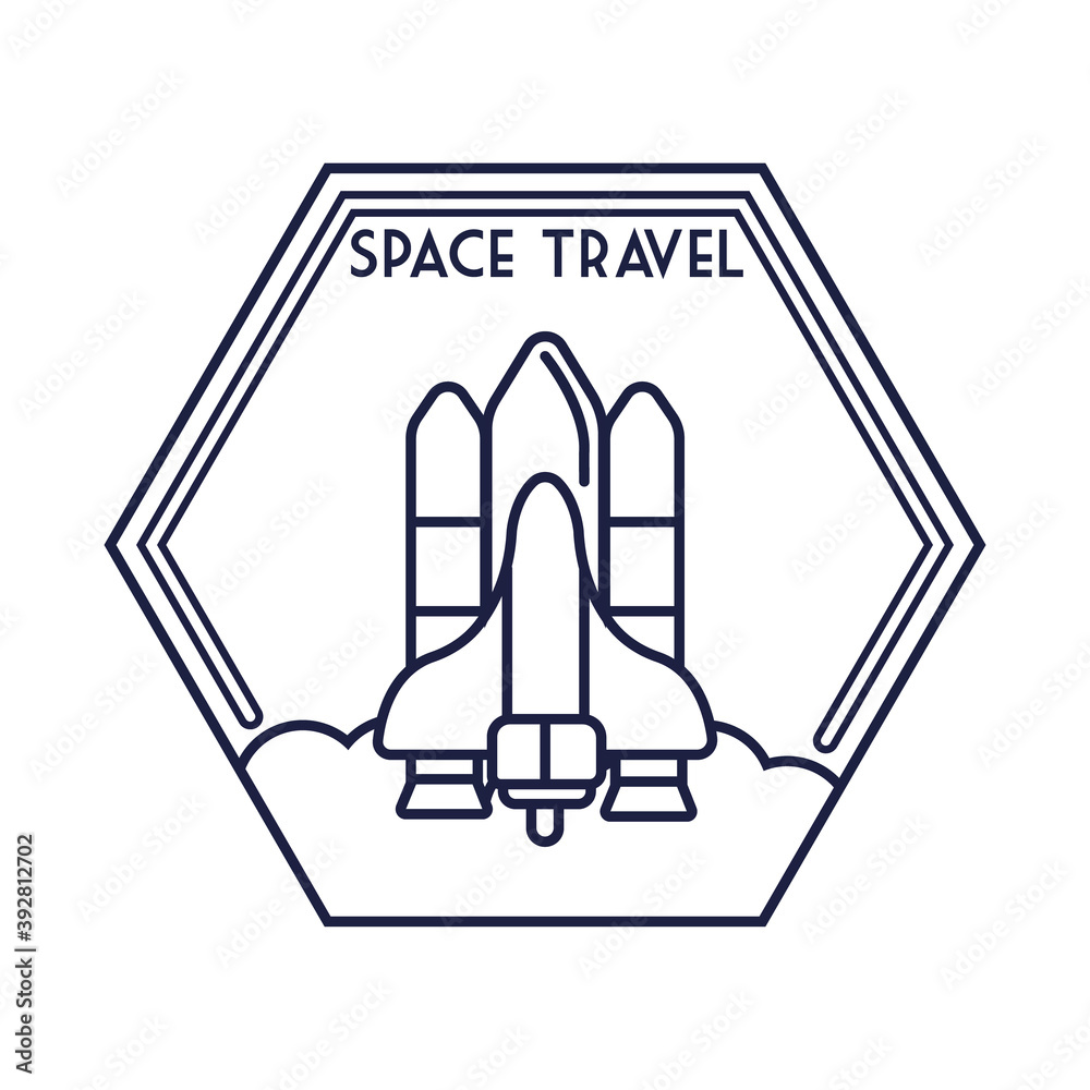 space hexagon badge with spaceship flying line style