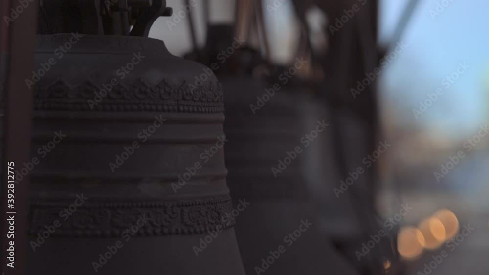 Church bells in the church bell tower, bells of the old temple. Bell towers of the Orthodox Church. Church bells in the church bell tower, bells of the old temple. Bell towers of the Orthodox Church.