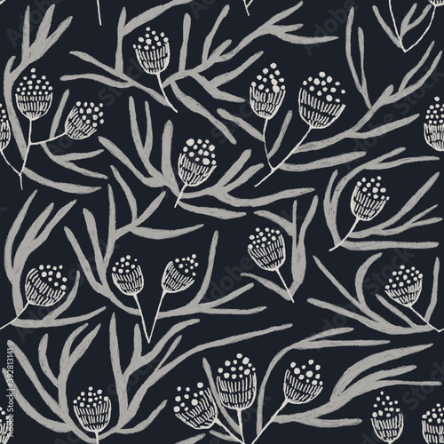 Seamless texture of wild flowers and leaves. Hand drawn sketch painting on deep blue background.
