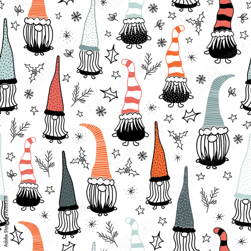 Seamless vector background Christmas gnome. Hand drawn illustration of gnomes black red repeating pattern. Holiday design for decor, fabric, gift wrap