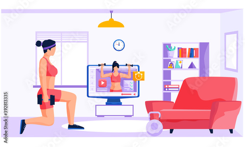 Woman doing exercises with dumbbells at home. Girl goes in for sports on an online video lesson, healthy active lifestyle, health care concept. Illustration about comfortable fitness with Equipment
