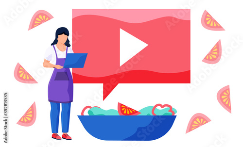 Cooking blog, live streaming, broadcast and social media networking, food blogging isolated icon vector. Online culinary class, woman is standing with laptop. Baking salad recipe online video