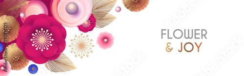 Flower design. Simple flower and leaver card template. Pink and gold. Birthday, weddign,ad and invitation flyer