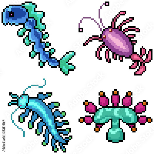 pixel art set isolated deep sea creature
