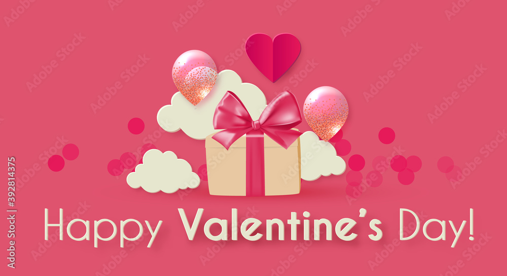 Happy Valentine s day background with hearts, gifts balloons and clouds. Cute papercut design