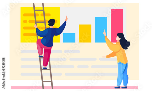 Guy and a girl communicate during a break in the studio. The guy stands on the stepladder and discusses with a woman. Office staff working day. Business workflow management. Statistics, data analysis