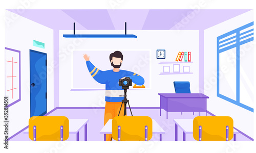 Educational courses. Photographer with a camera takes pictures of pupils. Lesson in photographic art. Guy with a camera raises his right hand. Cameraman asks the students to prepare for shooting