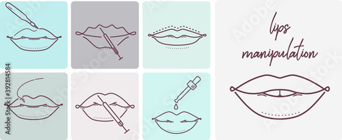 icons set of lips manipulation: lips augmentation, fillers, injections and blushing, and permanent makeup