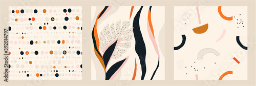 Set of three seamless colorful modern patterns. Hand drawn trendy abstract illustrations. Creative collage seamless patterns. 