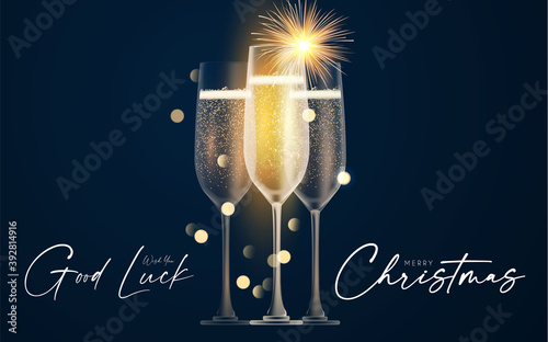 Shining champagne. Merry Christmas and Happy New Year design template with gold champagne glasses, light and bokeh effect
