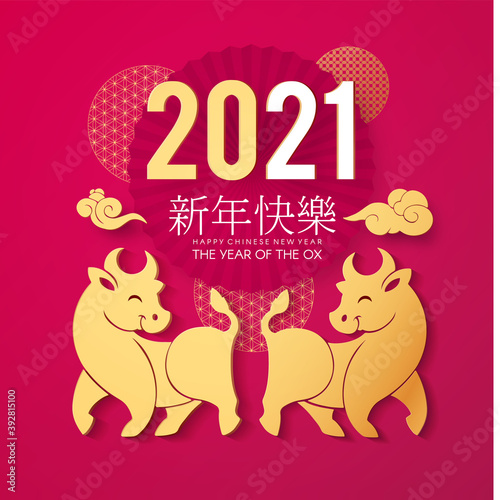 Happy Chinese New Year, 2021 the year of the Ox. Papercut design with bull character, year number and clouds. Chinese text means The year of the ox © feaspb