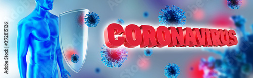 Immune system, protection against viruses, bacterias and Covid-19. Humans shield against the coronavirus. Immune defense fights with viruses.  photo