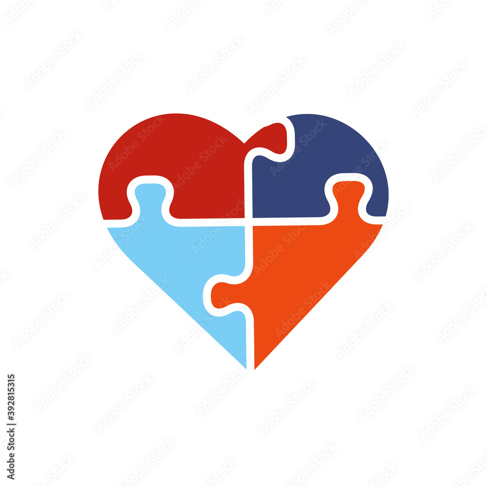 Heart with blue and red puzzle pieces inside, isolated on white background. Love, medical, relationship symbol. Autism awareness. Vector flat illustration. Heart with blue and red puzzle pieces inside, isolated on white background. Love, medical, relationship symbol. Autism awareness. Vector flat illustration.