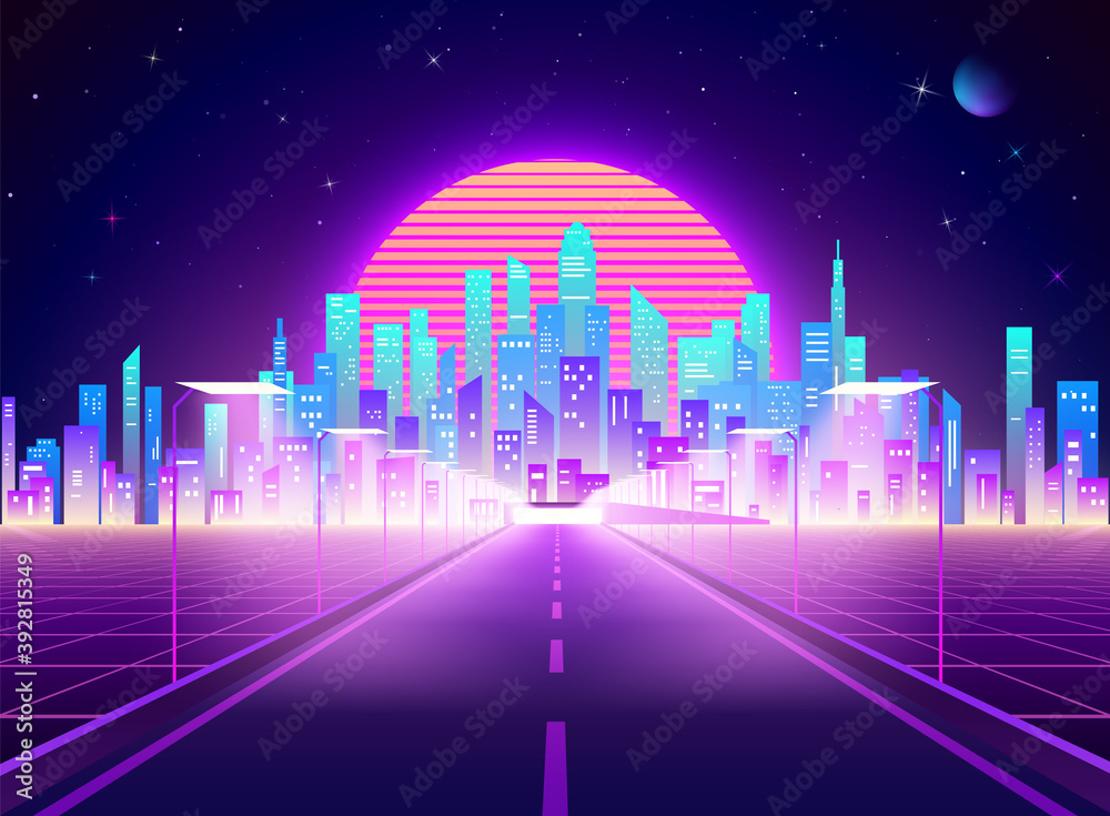 Fototapeta Autostrada do futurystycznego miasteczka Cyberpunk. Neonowy krajobraz miasta retro. Cyfrowa architektura abstrakcyjna tła sci-fi. Ilustracja wektorowa