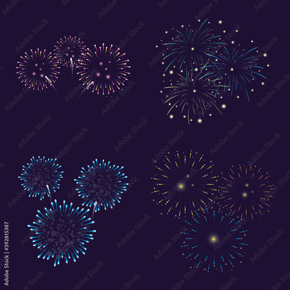 four blue and pink fireworks splash lights in sky night