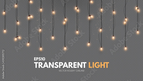 Light garland on transparent background. Shining Christmas lights