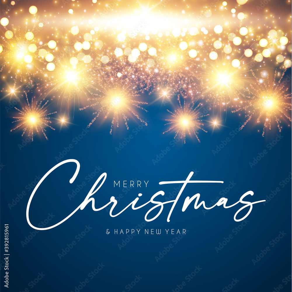 Merry Christmas design template with shining fireworks