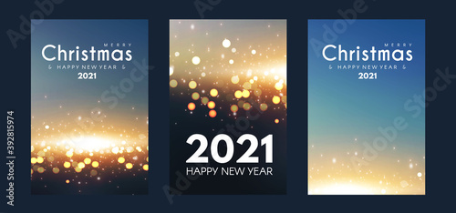 Merry Christmas and Happy New Yaer flyer template set with shining bokeh and light effect
