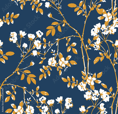 Abstract Small Roses Leaves and Branches Minimal Seamless Pattern Design Trendy Colors