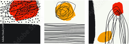 Set of abstract minimalist hand painted mid century retro art, vintage posters, illustrations with lines and shapes for wall art, posters, cards, brochure design.