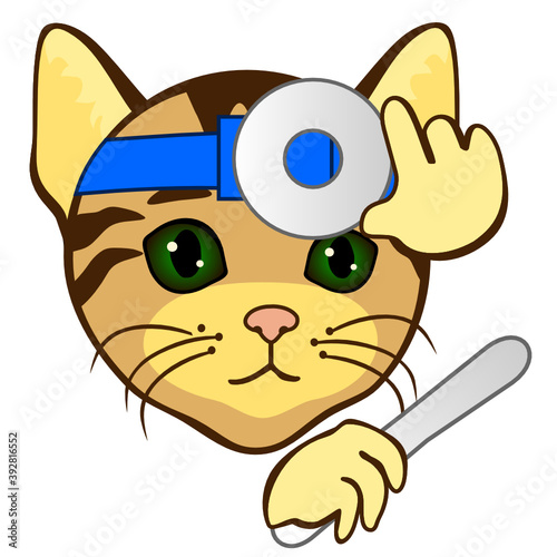 emoji with ENT or ear, nose & throat medical doctor prepares his head mirror device to examine & diagnose patient, simple hand drawn emoticon, cat face