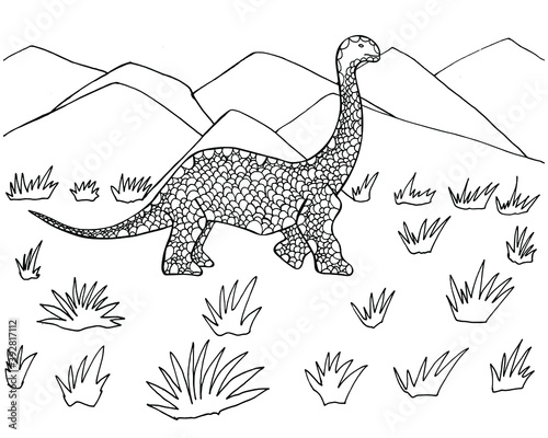 Coloring page with diplodocus and mountains landscape. Cute coloring book for children and adults. Fantastic ornaments.