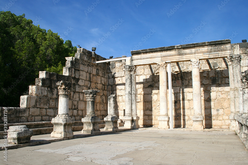 Capernaum's 4th-century synagogue (detail with columns and benches)