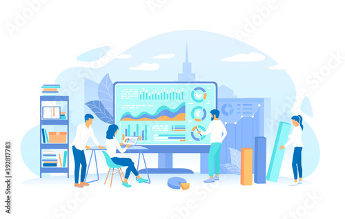 Fototapeta Naklejka Na Ścianę i Meble -  Business team working together on financial success strategy. Investment, strategic management.  Startup, new idea and stacks of coins. Working process, teamwork communication. Vector illustration