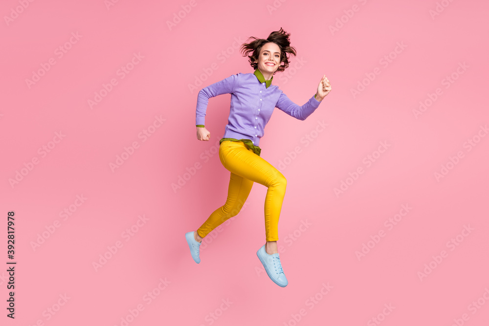 Full size profile side photo of girl jump run fast autumn discounts wear sneakers isolated pastel color background