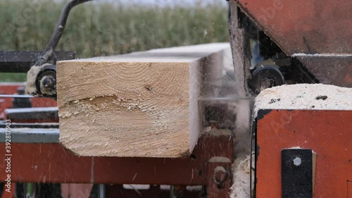 Sawing machine at wood production factory. Slow motion.
