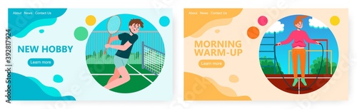 Tennis player with tennis racquet on a court. Sport and fitness vector concept illustration. Woman jumping with skipping rope. Summer workout and healthy lifestyle. Web site design template
