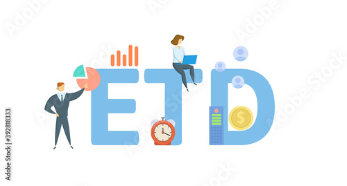 ETD, Estimated Time of Departure. Concept with keywords, people and icons. Flat vector illustration. Isolated on white background.
