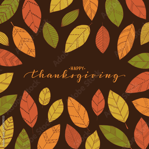 happy thanksgiving brush pen lettering. Hand draw doodle linear leaves background. design holiday greeting card and invitation of seasonal american and canadian Thanksgiving fall holiday