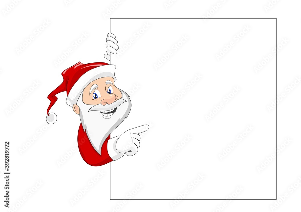 smiling Santa Claus showing on white board with empty space for messages. Santa Claus with copy space smiling Santa Claus showing on white board with empty space for messages. Santa Claus with copy space